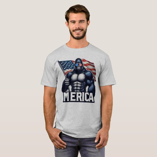 MERICA – Patriotic Gorilla Holding American Flag F T-shirt (Voorkant volledig)