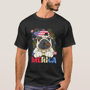 Merica Pug Us Vlag Muts Vuurwerk 4 Juli Patriottis T-shirt