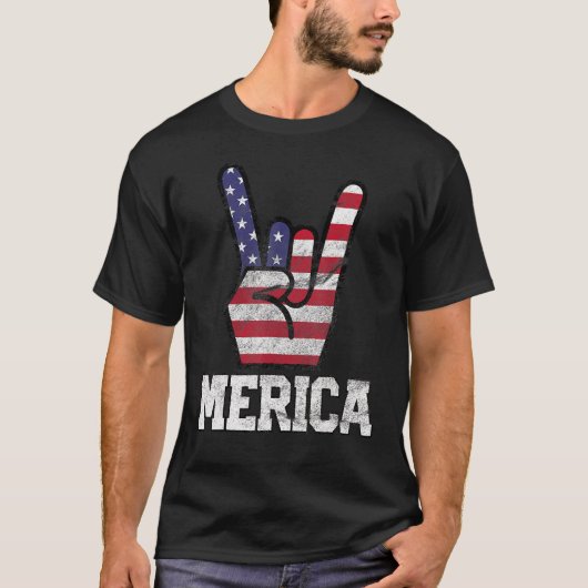 Merica Rock Sign 4 juli Amerikaanse vlag T-shirt (Voorkant)