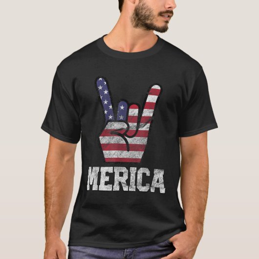 Merica Rock Sign 4 juli Amerikaanse vlag T-shirt (Voorkant)
