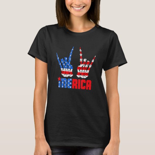 Merica Rock Teken 4 juli Patriottische Amerikaanse T-shirt (Voorkant)