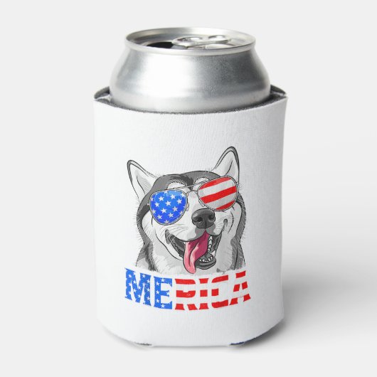 Merica Siberische Husky Hond Amerikaanse vlag 4th  Blikjeskoeler (Blikje Voorkant)