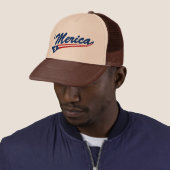 "Merica US Flag Swoosh Trucker Hat (bruin/tan) Pet (In situ)