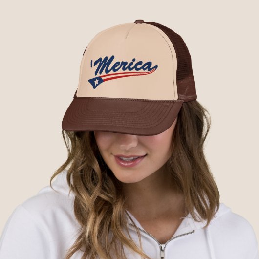 "Merica US Flag Swoosh Trucker Hat (bruin/tan) Trucker Pet (In situ)
