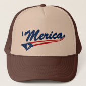 "Merica US Flag Swoosh Trucker Hat (bruin/tan) Trucker Pet (Voorkant)