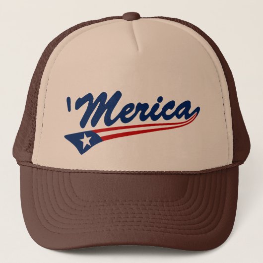 "Merica US Flag Swoosh Trucker Hat (bruin/tan) Trucker Pet (Voorkant)