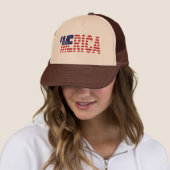 "MERICA US Flag Trucker Hat (bruin & tan) Pet (In situ)