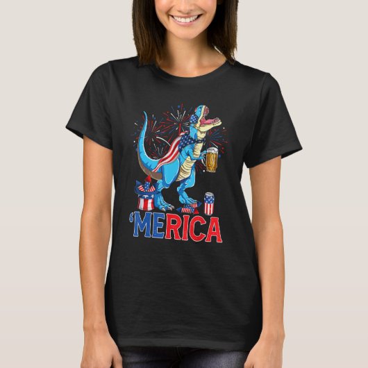 Merican Rex & Beer Glass USA Flag Indepedence Day T-shirt (Voorkant)