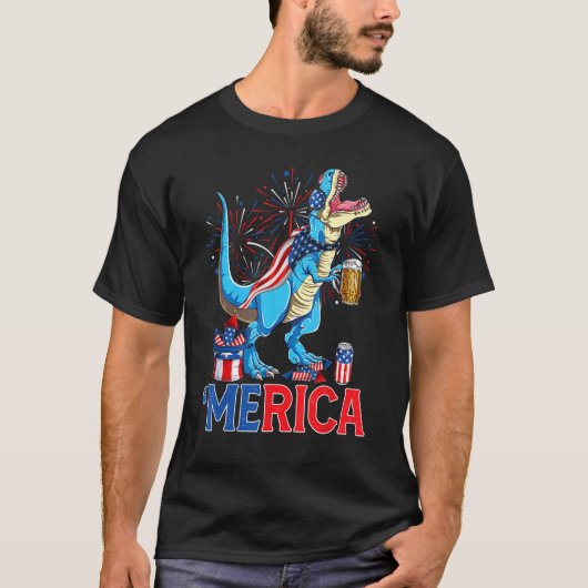 Merican Rex & Beer Glass USA Flag Indepedence Day T-shirt (Voorkant)