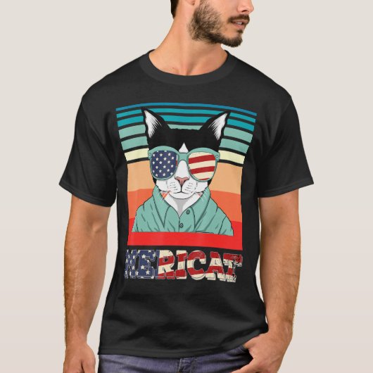 Mericat Juli 4e Onafhankelijkheidsdag Kat VS vlag T-shirt (Voorkant)