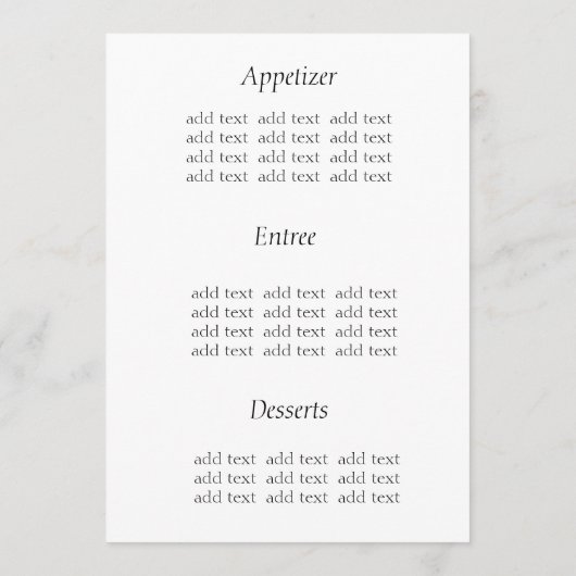 Merkaart voor het menu van het diner, zuivere witt (Achterkant)