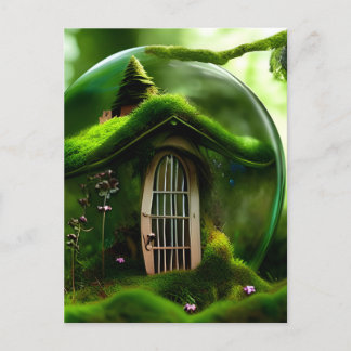 Merkhuis in een glazen orb in het mossy bos briefkaart