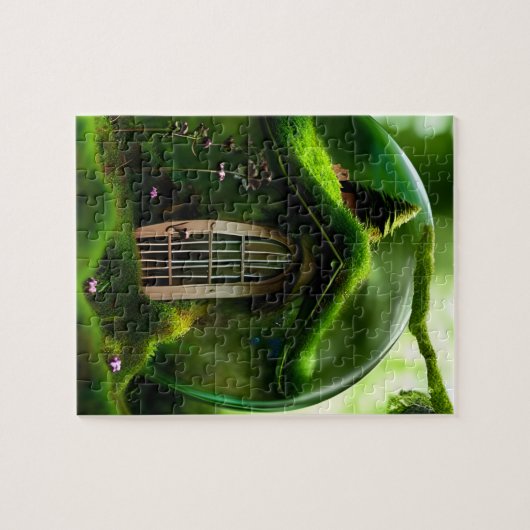Merkhuis in een glazen orb in het mossy bos legpuzzel (Horizontaal)