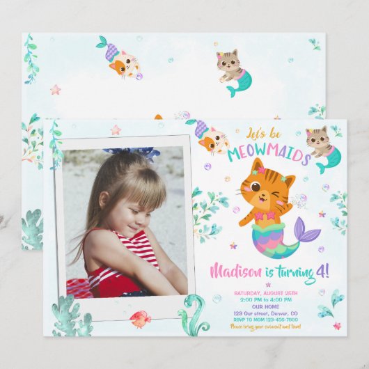 Merkitten verjaardagsuitnodiging Meisje foto Magis Kaart (Voorkant / Achterkant)