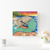 Merkitty op het strand zonsondergang Cat Mermaid 2 Vierkante Klok (Huis)