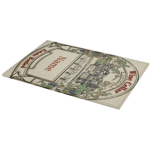  merkteken op het etiket van wijn, snijplank (Hoek)