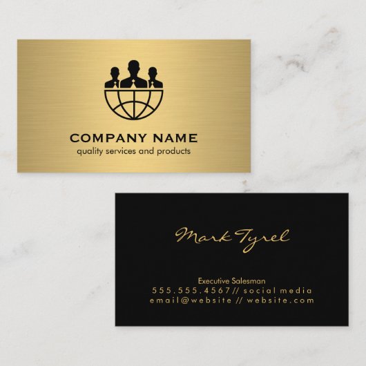 Merkwaardig bedrijfspictogram/goudmetaal/wereldwij visitekaartje (Voorkant / Achterkant)