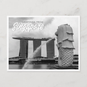 Merlion in zwart-wit Groeten uit Singapore Briefkaart