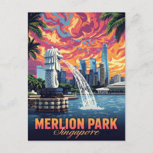 Merlion Park Singapore Silhouette Zonsondergang Briefkaart