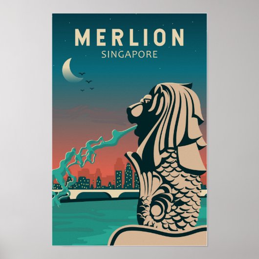 Merlion Singapore Reizen Vintage Kunst Poster (Voorkant)