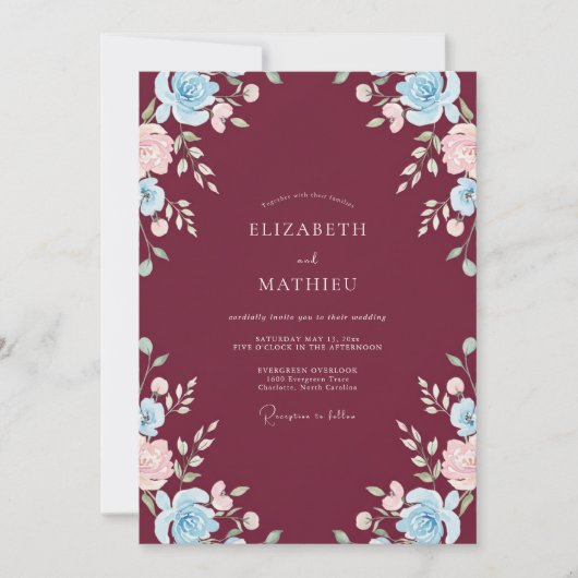 Merlot Azure Ranunculus Eucalyptus Bruiloft Kaart (Voorkant)