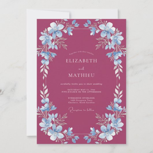 Merlot Azure Wilde Bloemen Bruiloft Kaart (Voorkant)
