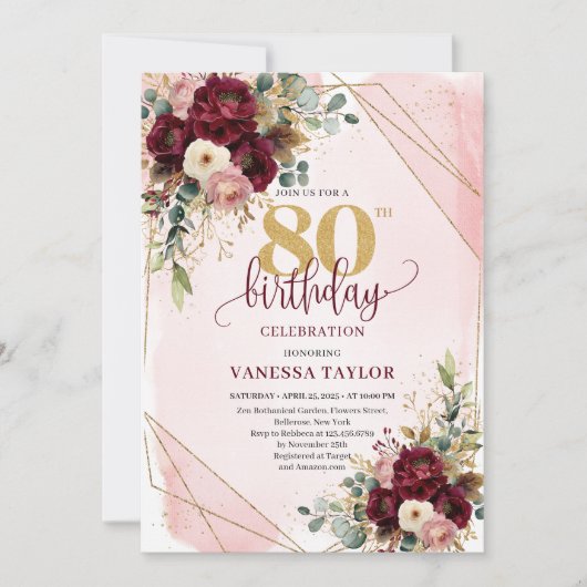  Merlot Blush Gouden Bloemen 80ste Verjaardag Kaart (Voorkant)