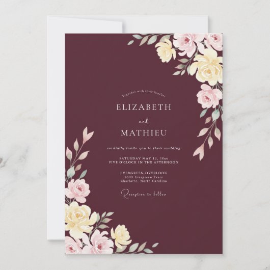 Merlot Blush Ranunculus Eucalyptus Bruiloft Kaart (Voorkant)