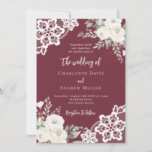 Merlot bordeaux witte rozen kant bruiloft kaart (Voorkant)