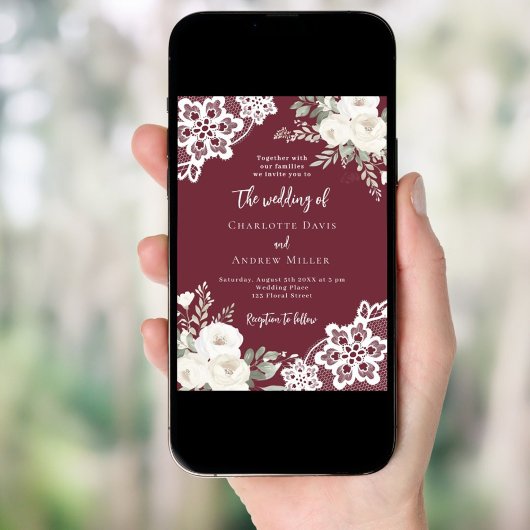 Merlot bordeaux witte rozen kant bruiloft kaart