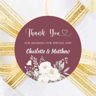 Merlot bordeauxrode witte bloemen dank u bruiloft ronde sticker