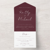 Merlot Burgundy Wedding Modern met Tor Off RSVP All In One Uitnodiging (Binnen)