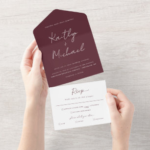Merlot Burgundy Wedding Modern met Tor Off RSVP All In One Uitnodiging