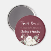 Merlot burgundy white florals thank you wedding magneet (Voorkant / Achterkant)
