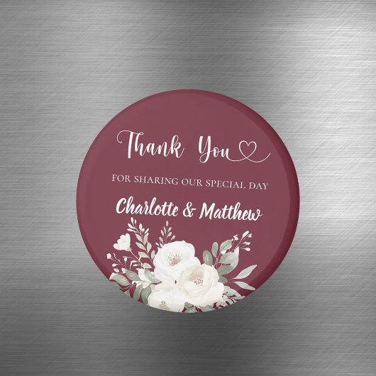Merlot burgundy white florals thank you wedding magneet