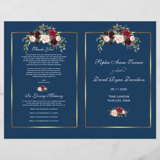 Merlot Floral Navy Blue Gold Lijst Wedding Program (Voorkant)
