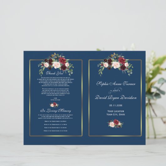 Merlot Floral Navy Blue Gold Lijst Wedding Program (Staand voorkant)