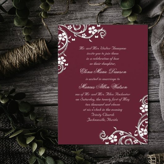 Merlot Floral Swirls Wedding Invitation Kaart