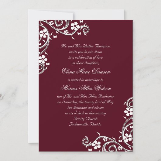 Merlot Floral Swirls Wedding Invitation Kaart (Voorkant)