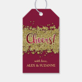 Merlot/Gold Faux-Glitter Cheers Custom Cadeaulabel (Voorkant)