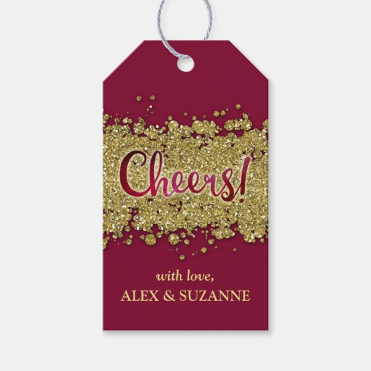 Merlot/Gold Faux-Glitter Cheers Custom Cadeaulabel (Voorkant)