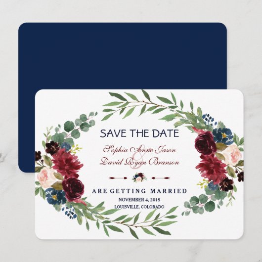 Merlot Marine Blauw Bloem Save The Date (Voorkant / Achterkant)
