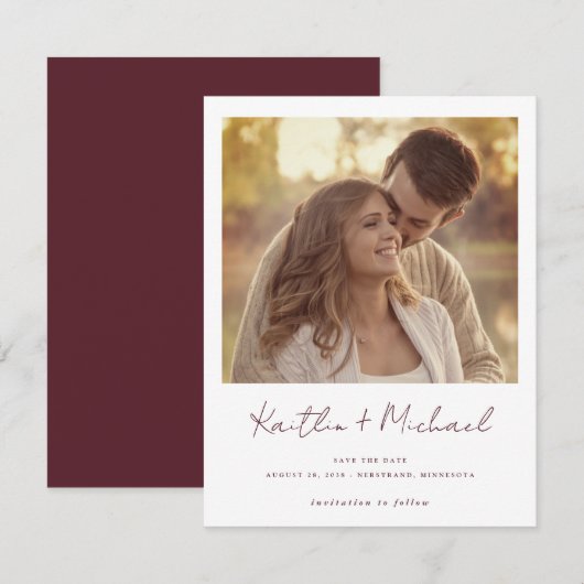 Merlot Modern Handwriting Photo Wedding Save The Date (Voorkant / Achterkant)