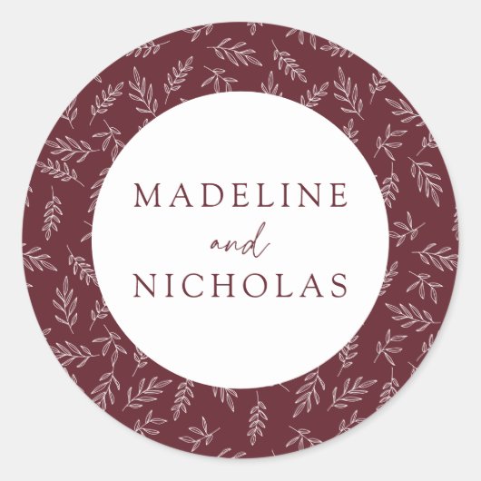 Merlot Modern Minimalist Botanical Wedding Ronde Sticker (Voorkant)