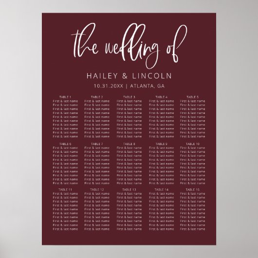 Merlot Modern Minimalist Wedding Seating Chart Poster (Voorkant)