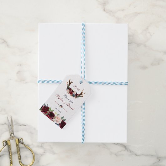 Merlot Navy Blauw Bloem Bruiloft Cadeaulabel (Met Touw)