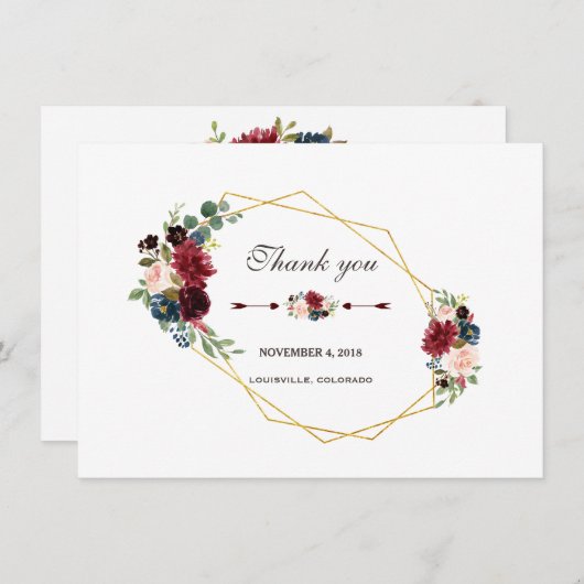 Merlot Navy Blauwe Bloem Gouden Frame Dank je Bedankkaart (Voorkant / Achterkant)