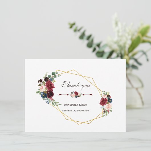 Merlot Navy Blauwe Bloem Gouden Frame Dank je Bedankkaart (Staand voorkant)