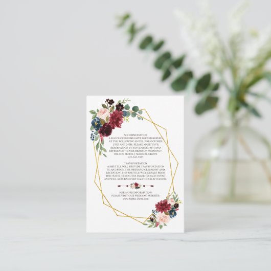 Merlot Navy Blauwe Bloem Gouden Frame Huwelijksdet Informatiekaartje (Staand voorkant)