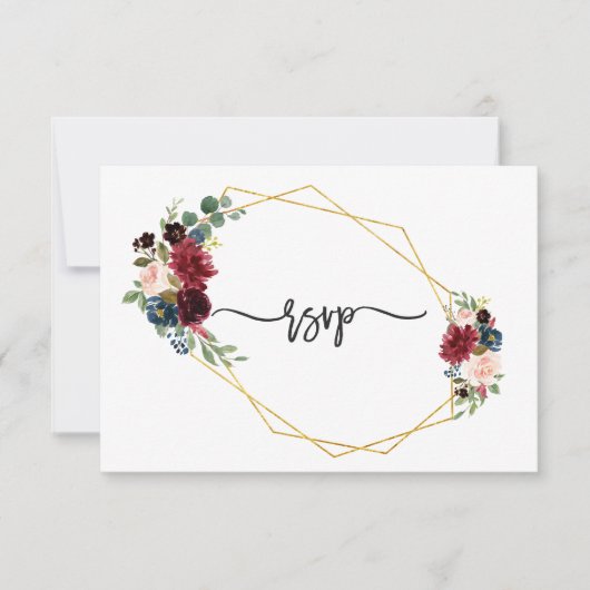 Merlot Navy Blauwe Bloem Gouden Frame Trouw RSVP (Voorkant)